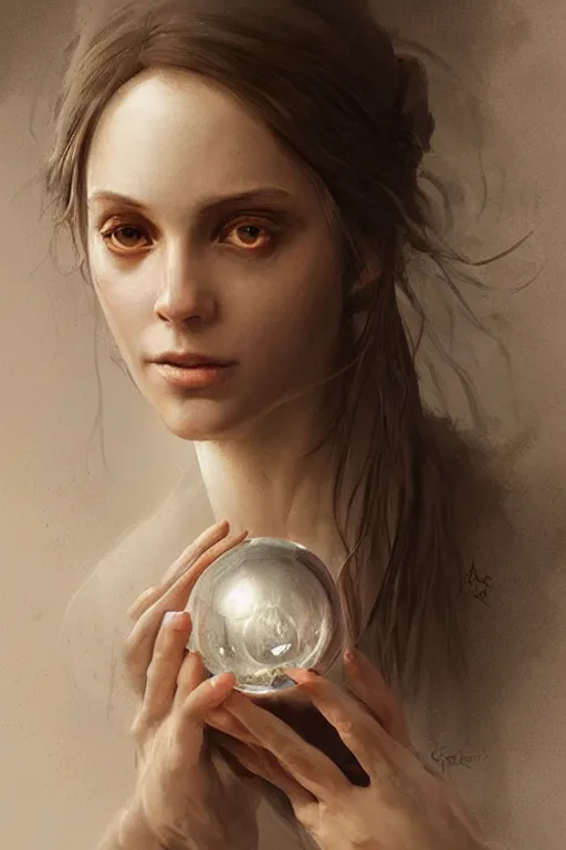 Image similar to portrait of a young witch with a crystal ball, true anatomy, detailed face, highly detailed, by greg rutkowski