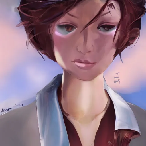 Image similar to woman in business suit, brown neat hair, pixiv, fanbox, trending on artstation, digital art, portrait, modern, sleek, highly detailed, formal, serious, determined, competent, colorized, smooth, charming, pretty, safe for work, law office