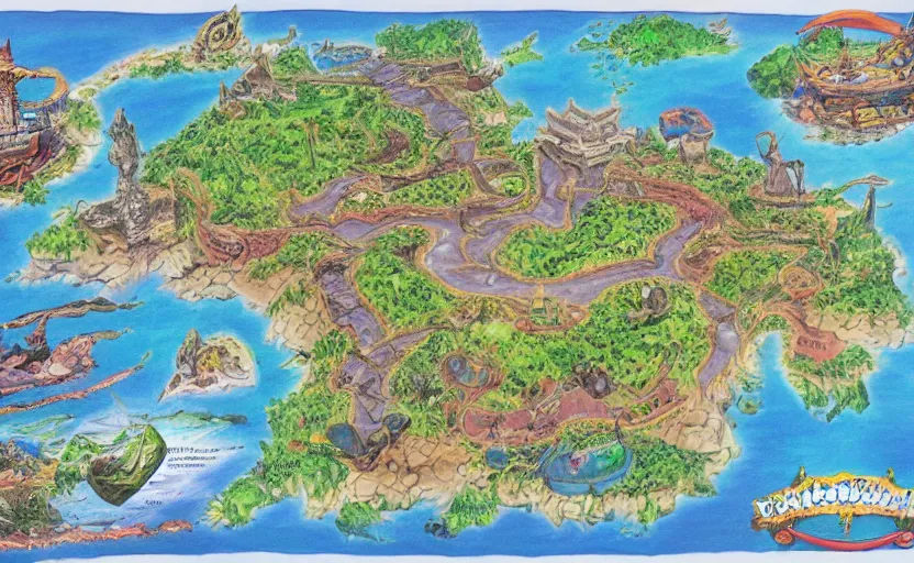 Image similar to futuristic fantasy island map, drawn with crayons, detailed