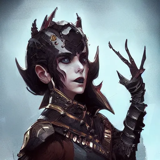 Image similar to trending on artstation, dhamphir, vampire, character design, concept art, style of greg rutkowski, makoto shinkai, symmetrical face, forward facing, fantasy armor, highly detailed, digital art, witch, female