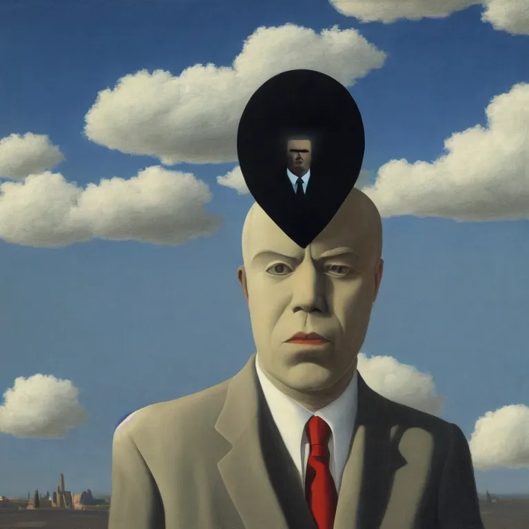 Image similar to portrait of a faceless shadow - head man in a suit, clouds in the background, by rene magritte, detailed painting, distance, centered, hd, hq, high resolution, high detail, 4 k, 8 k