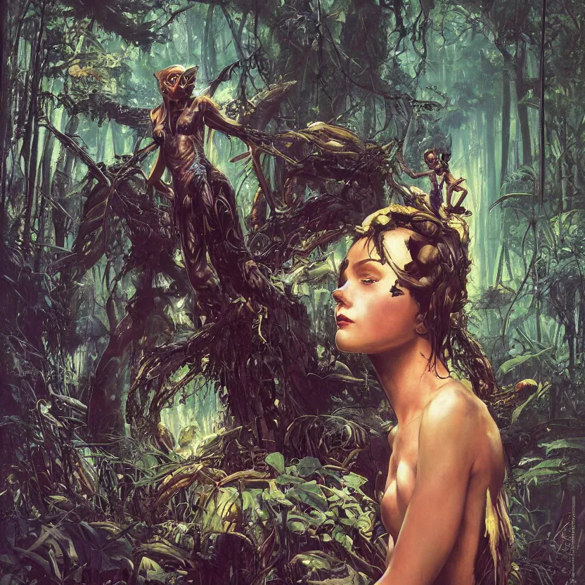 Image similar to a close - up dark sci - fi portrait of a angelic alien nymph girl overgrown with mushrooms in a jungle. reflective textures. glowing fog in the background. highly detailed science fiction painting by norman rockwell, frank frazetta, and syd mead. rich colors, high contrast, gloomy atmosphere, dark background. trending on artstation