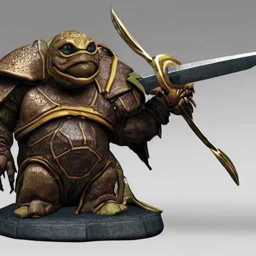 Prompt: “A heroic and battle-damaged humanoid turtle from a Dungeons and Dragons game, wielding a Warhammer and carrying a golden shield. Highly detailed CG render.”