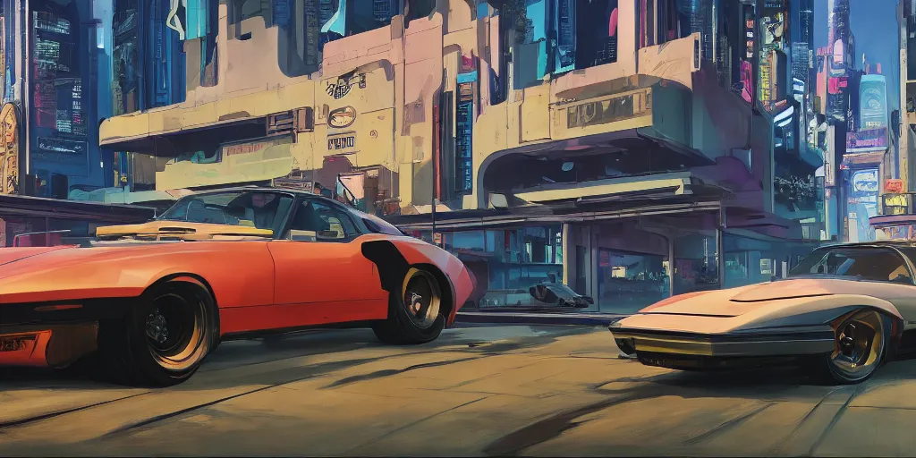 Image similar to art style by Ben Aronson and Edward Hopper and Syd Mead, wide shot view of the Cyberpunk 2077, on ground level. full view of the hybrid design any two cars from 1980's, with wide body kit modification and dark pearlescent holographic paint.