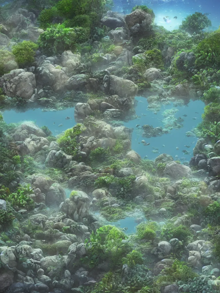 Image similar to partly underwater, partly shore civilization made of rocks and sand, fanvy style garden, algae - trees, evergreen, patio, garden, wet atmosphere, tender, soft light misty, by hayao miyazaki