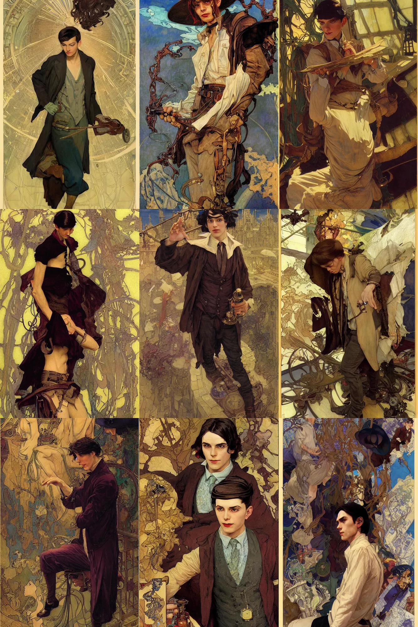 Prompt: thin young male alchemist, long dark hair, 1 9 2 0 s fashion, art by joseph leyendecker, donato giancola, dean cornwell, ruan jia, marc simonetti, ayami kojima, cedric peyravernay, alphonse mucha, thomas kinkade, victo ngai