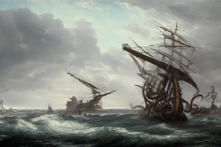 Prompt: Giant squid attempts to pull a ship into the ocean with it's tentacles . . painting by Louis Philippe Crepin. smoke and flashes . 8k octane beautifully detailed render, post-processing, extremely hyper-detailed, intricate, epic composition, highly detailed attributes, highly detailed atmosphere, cinematic lighting, masterpiece.