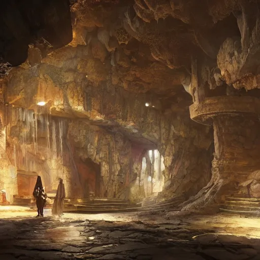 Prompt: ancient underground city in cave, cave interior, godrays, 8 k, octane render, ultra detailed, art by artgerm and greg rutkowski and alphonse mucha, artstation