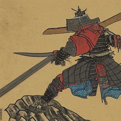 Prompt: an armoured samurai slicing a mountain in two with his katana, detailed, realistic, wide angle