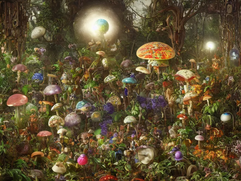 Image similar to victorian robots and mushrooms growing in a spheroid forest, 3d render, nightlight Study, by Jan Davidsz de Heem and Lisa Frank, Art Nouveau, 8k, extreme detail, sharp focus, cinema 4d render