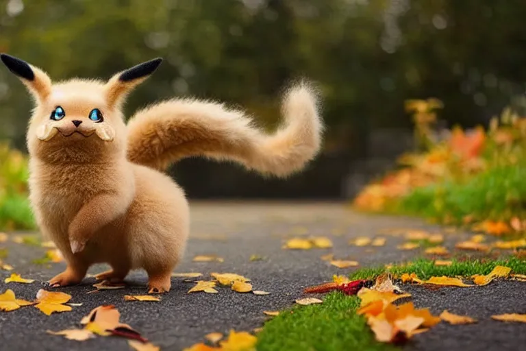 Image similar to real life pokemon, cute!!!, heroic!!!, adorable!!!, playful!!!, chubby!!! fluffly!!!, happy!!!, cheeky!!!, mischievous!!!, ultra realistic!!!, autumn, slight overcast weather, golden hour, sharp focus