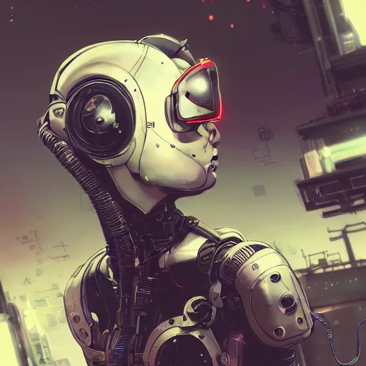 Prompt: highly detailed portrait of a post-cyberpunk robotic young lady with space helmet and wired cybernetic face modifications, skull helmet design, robotic limbs, by Akihiko Yoshida, Greg Tocchini, Greg Rutkowski, Cliff Chiang, 4k resolution, persona 5 inspired, vibrant but dreary color scheme with sparking stray wiring