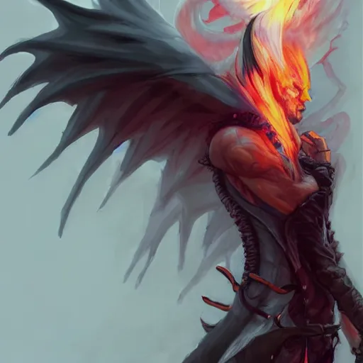 Image similar to full body anime style human in dragon form, bald, beard made of fire. fantasy style. very punk / alt aesthetic. wings and tail, a highly detailed, digital painting, artstation, concept art, matte, sharp focus, illustration, art by artgerm and greg rutkowski