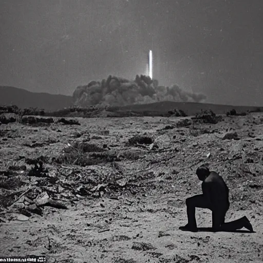 Prompt: a lone man is kneeling before a wooden cross in a barren wasteland as the plume from the explosion of a nuclear bomb is seen in the distance