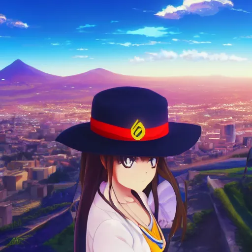 Prompt: closeup of an Anime girl wearing a colombian hat with the city of Armenia Quindio in the background, Artwork by Makoto Shinkai, official media, 8k, wallpaper, high definition, wallpaper, hd, digital artwork