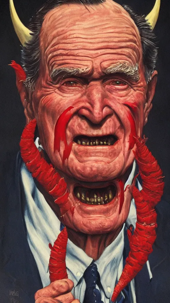 Image similar to demonic george hw bush with red horns, painting in the style of norman rockwell, 1 9 5 0 s, evil, satan, devil, demonic, demon, hyperrealistic, photorealistic, award - winning, 4 k, ultra hd, artstation, intricate, highly detailed, american, usa, dark, gritty