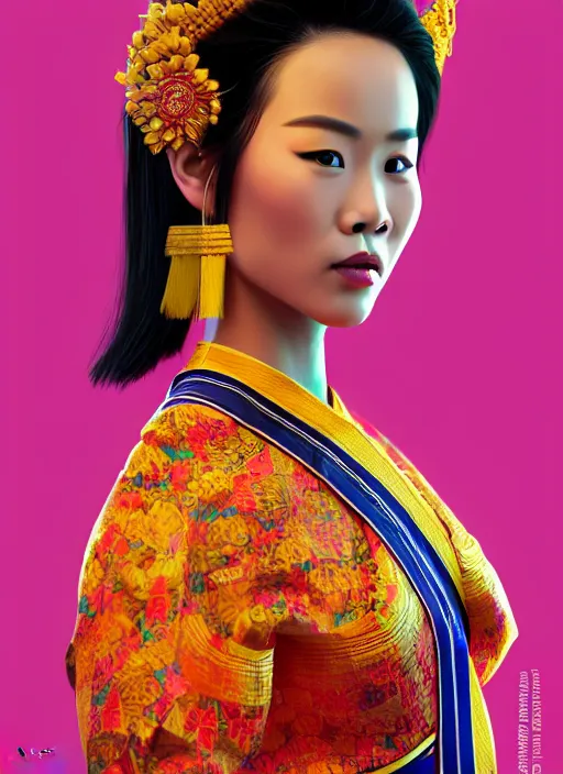 Image similar to photo of a gorgeous lao woman wearing a traditional laos dress in the style of stefan kostic, realistic, sharp focus, 8 k high definition, insanely detailed, intricate, elegant, art by stanley lau and artgerm