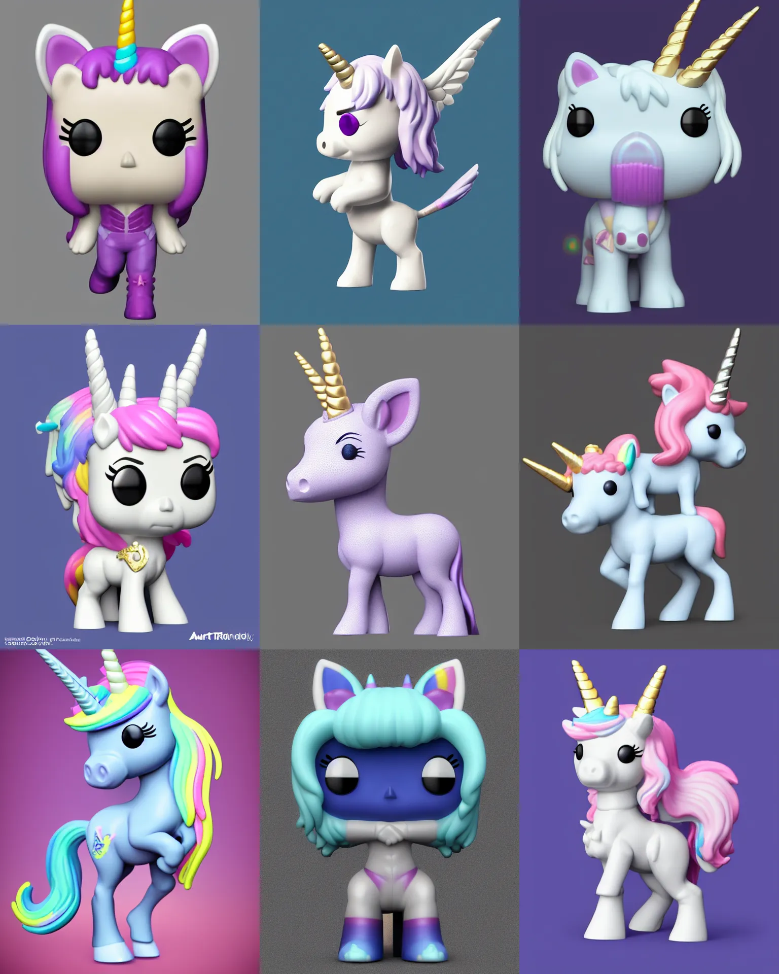 Prompt: full body 3 d render of unicorn as a funko pop!, soft lighting, transparent background, single body, single horn, no shadow, blender, trending on artstation, 8 k, highly detailed