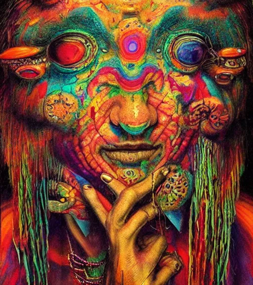 Image similar to Portrait painting in a style of Beksinski mixed with Alex Grey of an old shaman dressed in a colorful traditional clothes. Very psychodelic