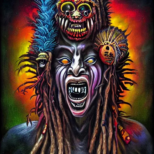 Image similar to a demon with dreadlocks telling a joke, airbrush art, shamanic horror lsd art, by basuki abdullah