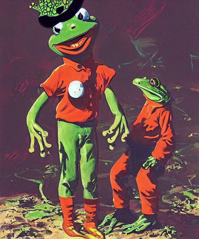 Prompt: frog boy farmer finds the clown crown in the dirt, clown crown, moment of destiny, painting by Syd Mead, cinematography by Robby Müller