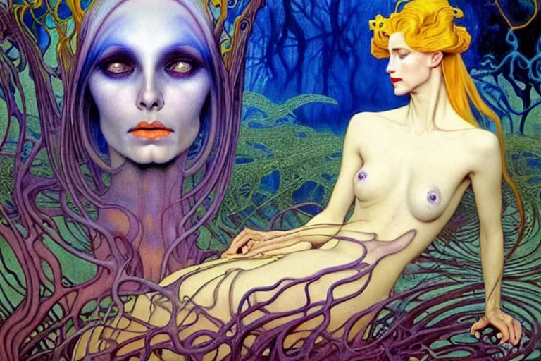 Image similar to realistic detailed portrait painting of a beautiful ghost woman with blond hair with an alien, futuristic sci-fi forest on background by Jean Delville, Amano, Yves Tanguy, Alphonse Mucha, Edward Robert Hughes, Roger Dean, rich moody colours, blue eyes