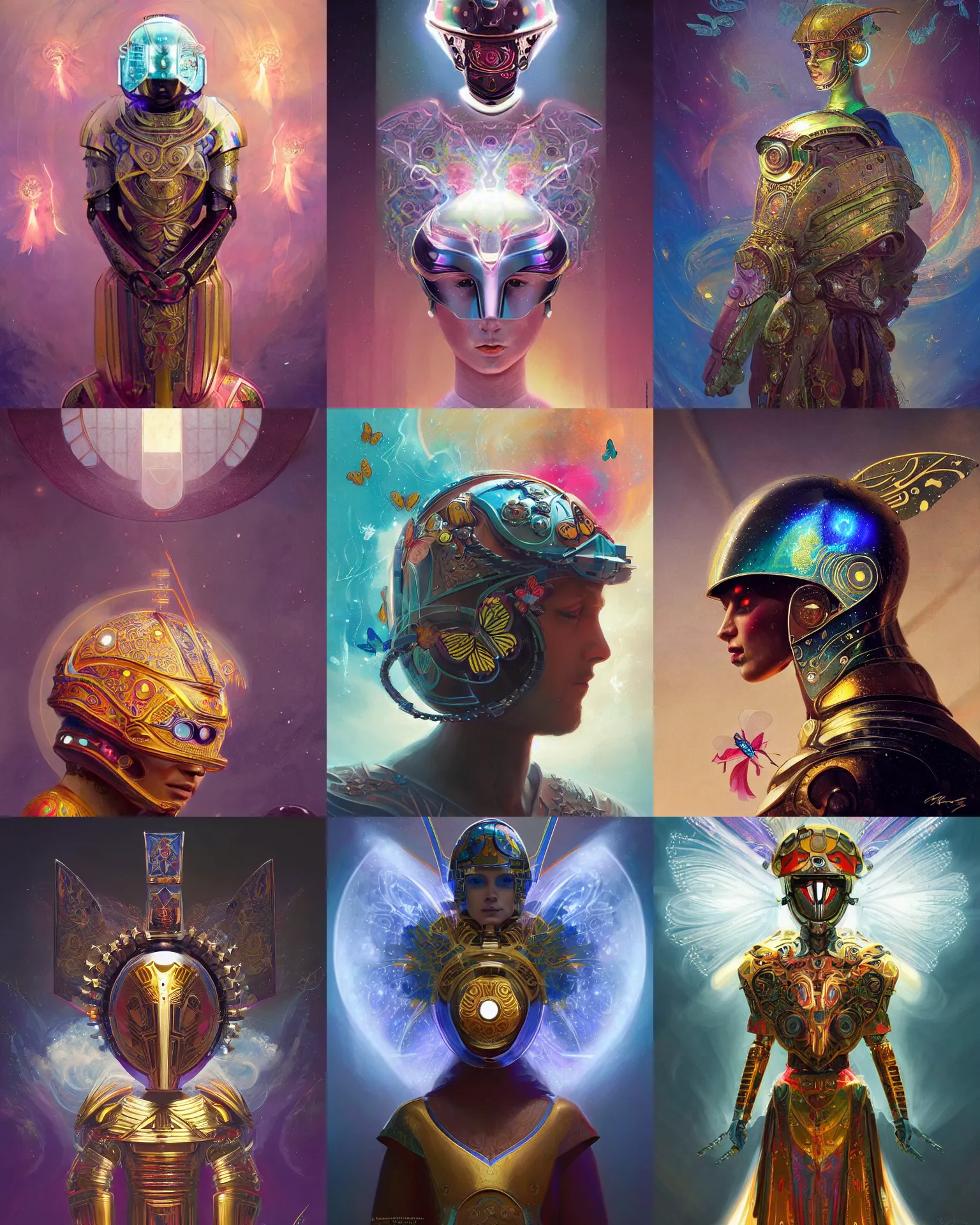 Prompt: portrait of a divine helmet sleek robot designed by apple dressed in mesmerizing robes and helmet, facemask, butterfly wings, runes, butterfly, mystical, ethereal, magical colorful flowers, concept art painting by greg rutkowski and david a. hardy