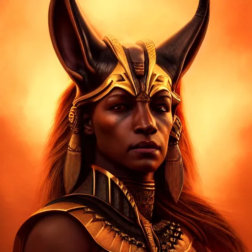 Image similar to Majestic gracious Anubis female warrior portrait, atmospheric lighting, painted, intricate, volumetric lighting, beautiful, rich deep colours masterpiece, golden hour, sharp focus, ultra detailed, by Leesha Hannigan, Ross Tran, Thierry Doizon, Kai Carpenter, Ignacio Fernández Ríos