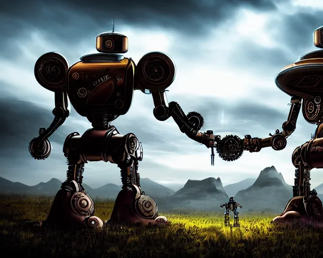 Image similar to two giand futuristic Sci-Fi robot fighting each other, landscape, steampunk, gears, close up, cloudy, mountains on background, peaceful day