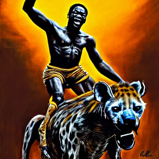 Prompt: fela kuti riding an hyena by clyde caldwell, very detailed, low contrast, dramatic, 4 k