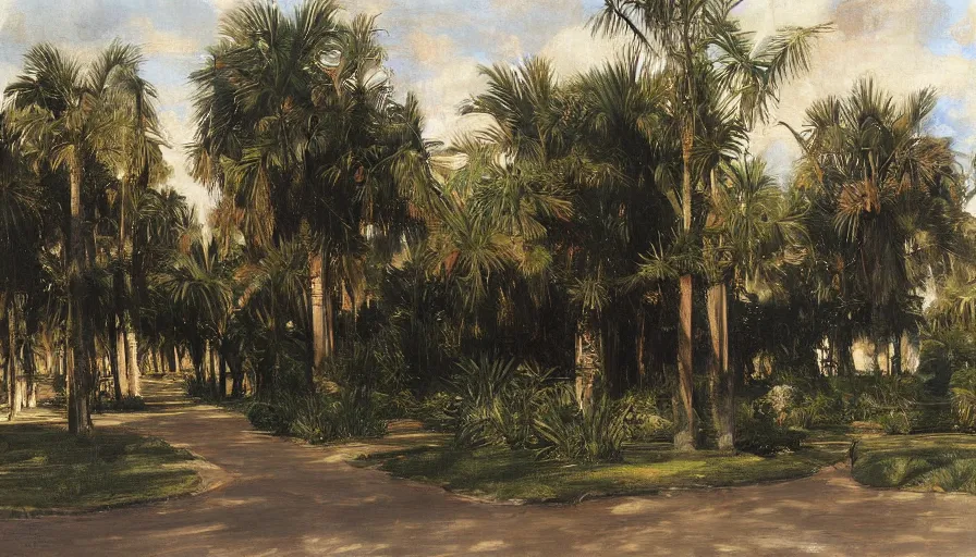 Image similar to artwork painting of the front of a florida building by eugene von guerard, ivan shishkin, john singer sargent