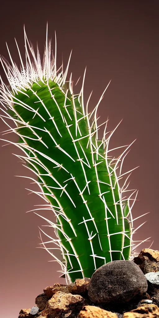 Image similar to professional photo shot of a scutigera cactus made of silica crystal spikes, melted with rocks in the background, microscopic picture, droplets of water, grimy, gritty, trending on artstation, award winning, close shot, by aleks labuda and barry webb