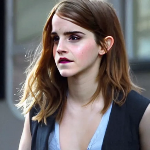 Image similar to Emma Watson with an eyepatch and a mustache