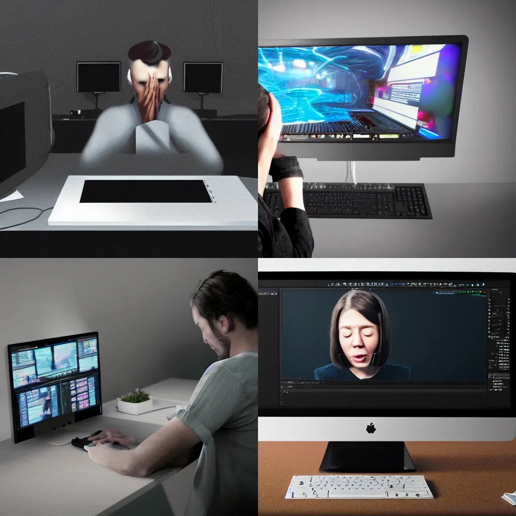 Prompt: Artist crying at looking at discord on a computer, octane render