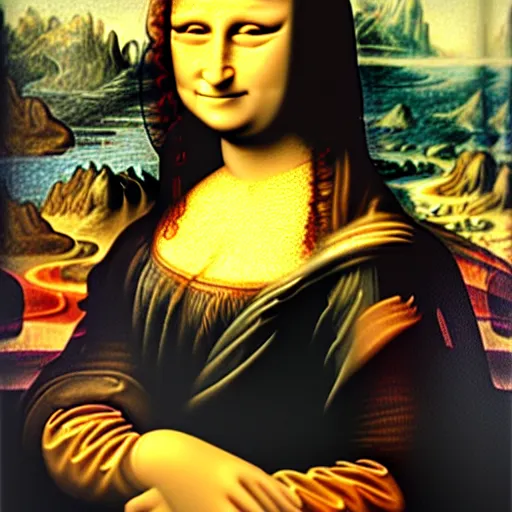 Prompt: Painting of Mona Lisa with sun glasses playing on an iphone,