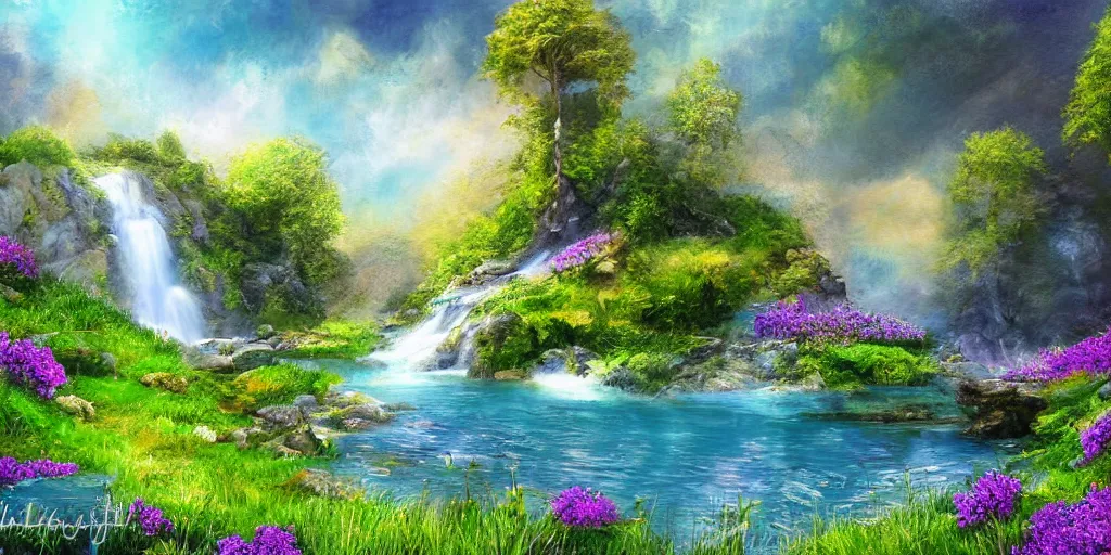 Image similar to a fantasy meadow landscape with waterfall, lake, river, and patches of blue flower, digital art, painterly