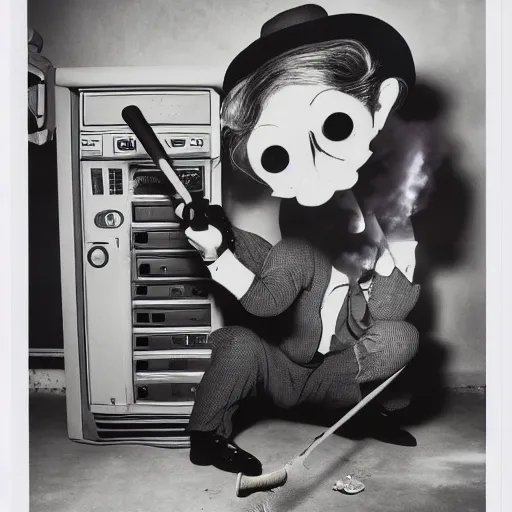 Prompt: a photograph of a man destroying a computer with a baseball bat, by gary baseman, robert crumb, jim henson, photorealistic, surreal, high contrast, film photography