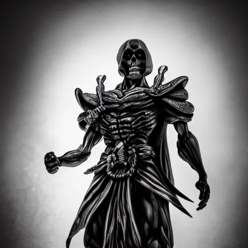 Image similar to skeletor, moody lighting, shallow depth of field,