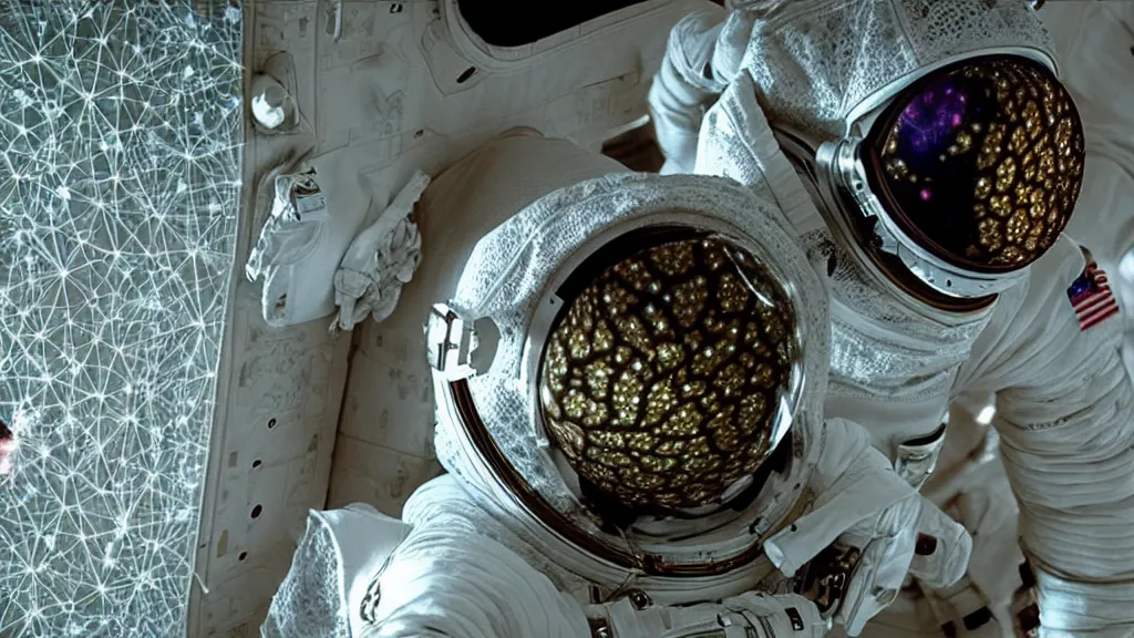 Image similar to a single astronaut eva suit covered in diamond 3d fractal lace iridescent bubble 3d skin and covered with insectoid compound eye camera lenses floats through the living room, film still from the movie directed by Denis Villeneuve with art direction by Salvador Dalí, wide lens,