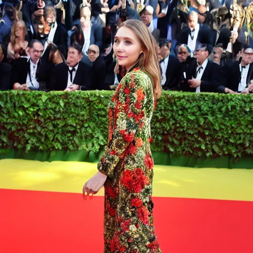 Image similar to elizabeth olsen walking on the red carpet, wearing an avocado stylized suit with the pith in the middle, trending on unsplash, 4 k quality, intricate