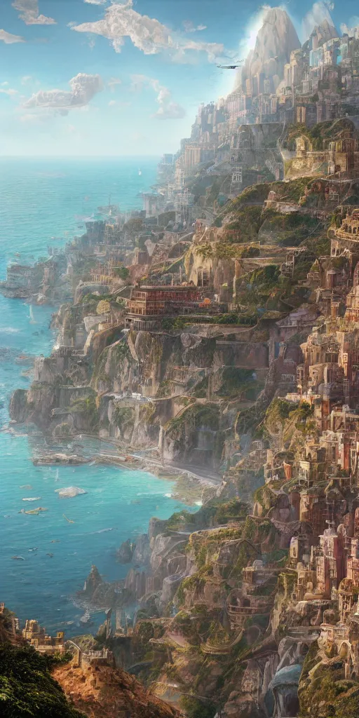 Image similar to a painting of a city built into the side of a cliff, a detailed matte painting by chris labrooy and wes anderson, cgsociety, fantastic realism, matte painting, terragen, artstation hq