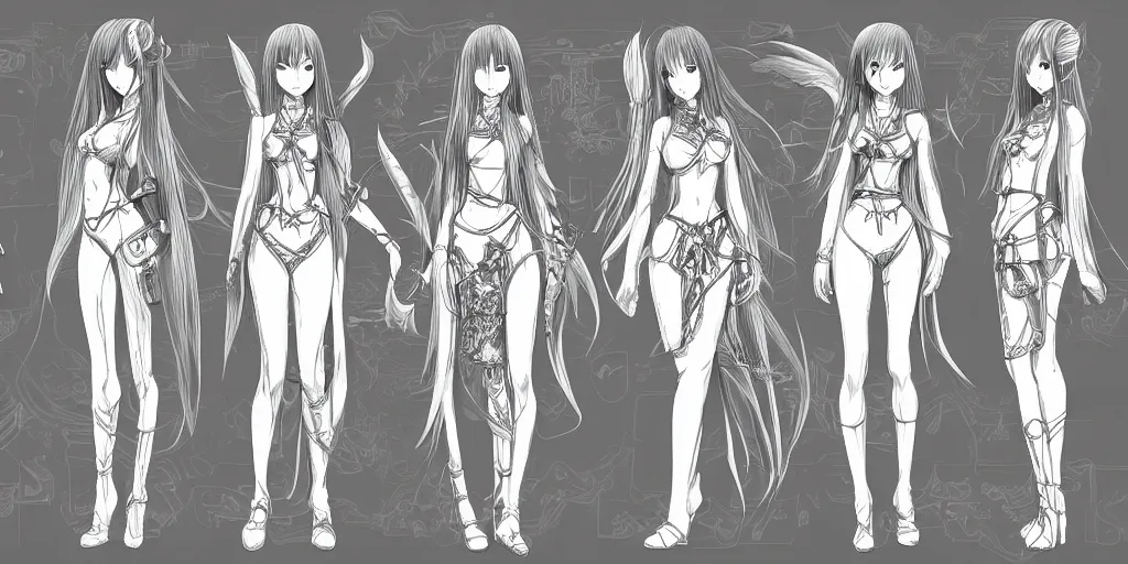 Prompt: anime woman, long hair, fantasy theme, front side/back/view character sheet, three views, lineart, varying thickness, manga pen, traditional art, Indian ink, in the style of Final Fantasy IX, 3D modeling concept sheet, white background, orthographic view