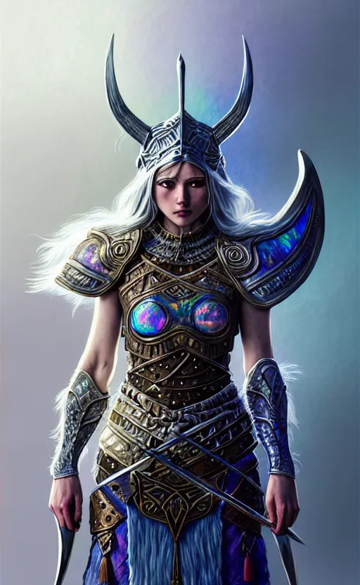 Image similar to iridescent opal viking warrior, wolf armor, winter, morandi color scheme, hd, illustration, epic, d & d, fantasy, intricate, elegant, highly detailed, wide angle, digital painting, artstation, concept art, smooth, sharp focus, illustration, wallpaper, art by artgerm and greg rutkowski and alphonse mucha and jin xiaodi