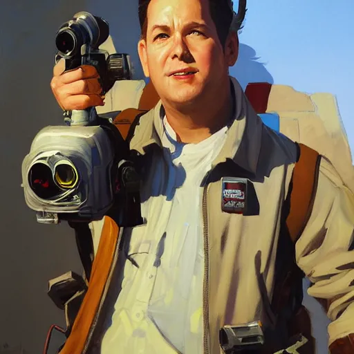Image similar to greg manchess portrait painting of armored ghostbuster peter venkman overwatch character, medium shot, asymmetrical, profile picture, organic painting, sunny day, matte painting, bold shapes, hard edges, street art, trending on artstation, by huang guangjian and gil elvgren and sachin teng
