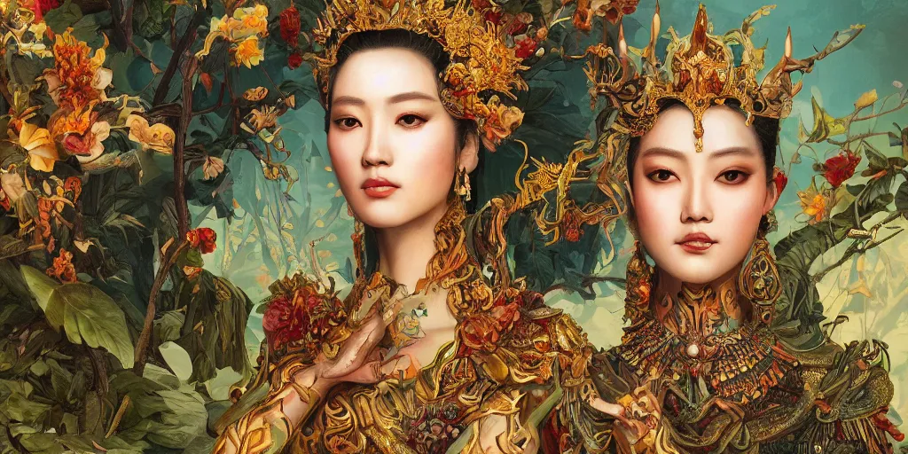 Image similar to breathtaking detailed concept art painting blend of queen sirikrit by hsiao - ron cheng with anxious piercing eyes, vintage illustration pattern with bizarre compositions blend of flowers and fruits and birds by beto val and john james audubon, exquisite detail, extremely moody lighting, 8 k