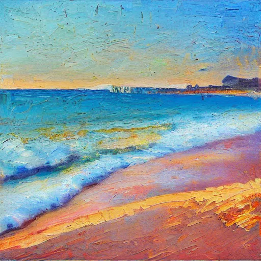 Image similar to leighton beach at sunrise, fremantle, modern, impressionist, highly textured landscape, palette knife, layered, sculptured, dynamic, oil on canvas