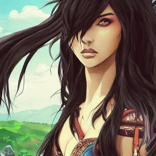 Image similar to “Megan Fox, portrait!!! Mononoke-hime style, cartoon, blue sky with white clouds green hills and mountains on the background, fantasy, photorealistic, concept Art, ultra detailed portrait, 4k resolution”