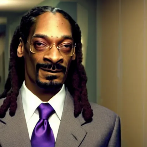 Image similar to a movie still of snoop dogg as michael scott from the office, dynamic lighting, smiling, 8 k, wearing a suit and tie, 2 0 2 2 picture of the year