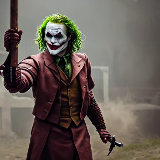 Image similar to cinematic shot of the joker wearing ancient roman soldier armor, 8 k, very detailed, very intricate,