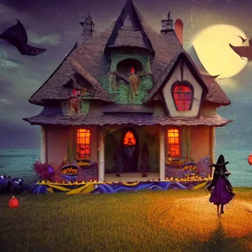 Image similar to a scary witch in front of a witche house made out of candy, floating on the ocean, epic scene, fantasy, cinematic, redshift render, cgi, hyper - detailed, photo - bash, 8 k post - production, masterpiece